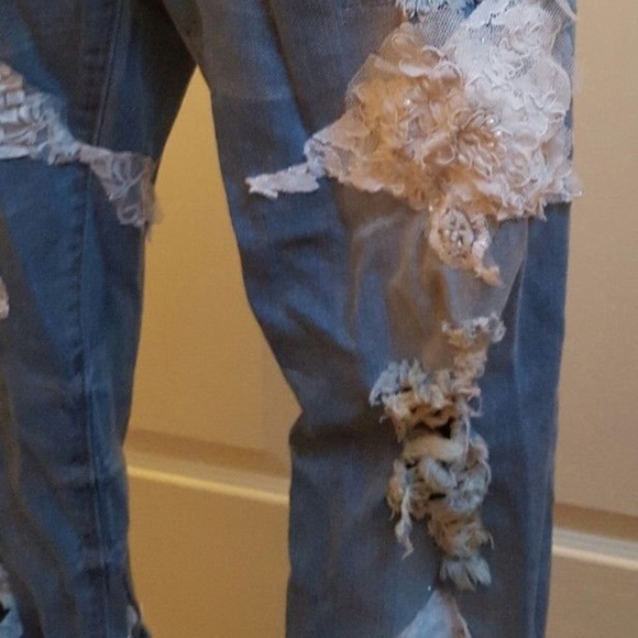 CUSTOM Boho Festival Beaded Lace Destroyed Jeans - Picture 8 of 9